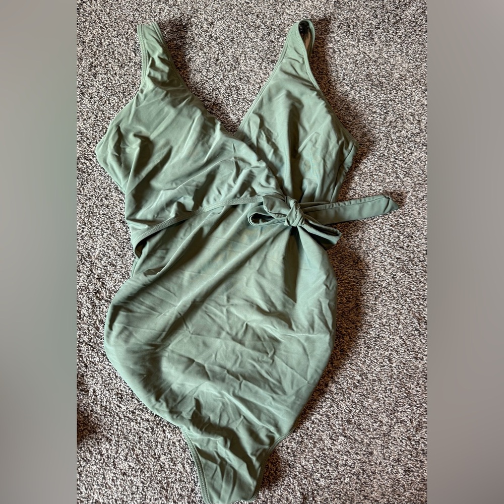 Maternity Olive Green One-Piece Swimsuit with Waist Tie